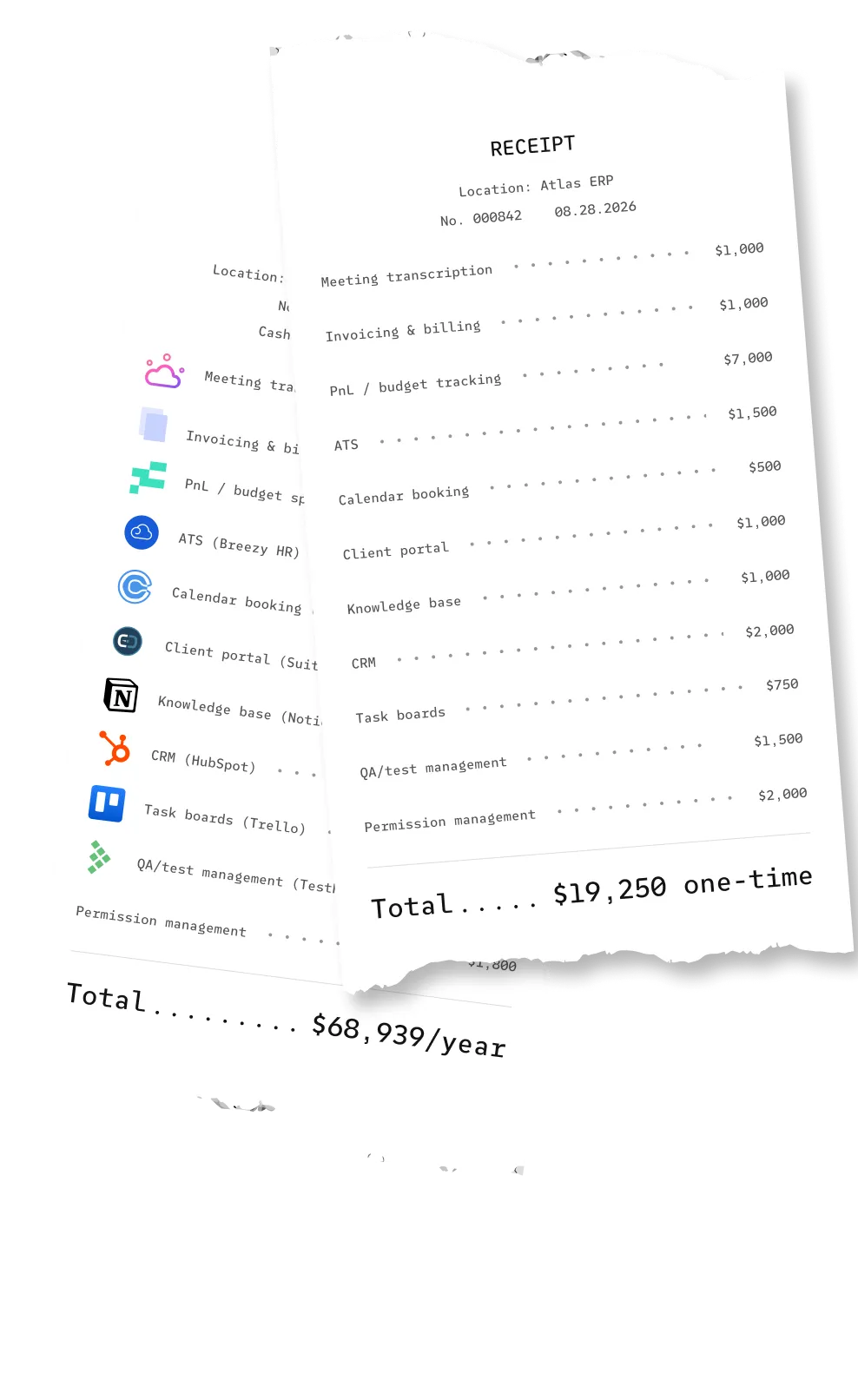 Two receipts: separate tools cost $68,939 a year; the same tools in Atlas cost $19,250 once