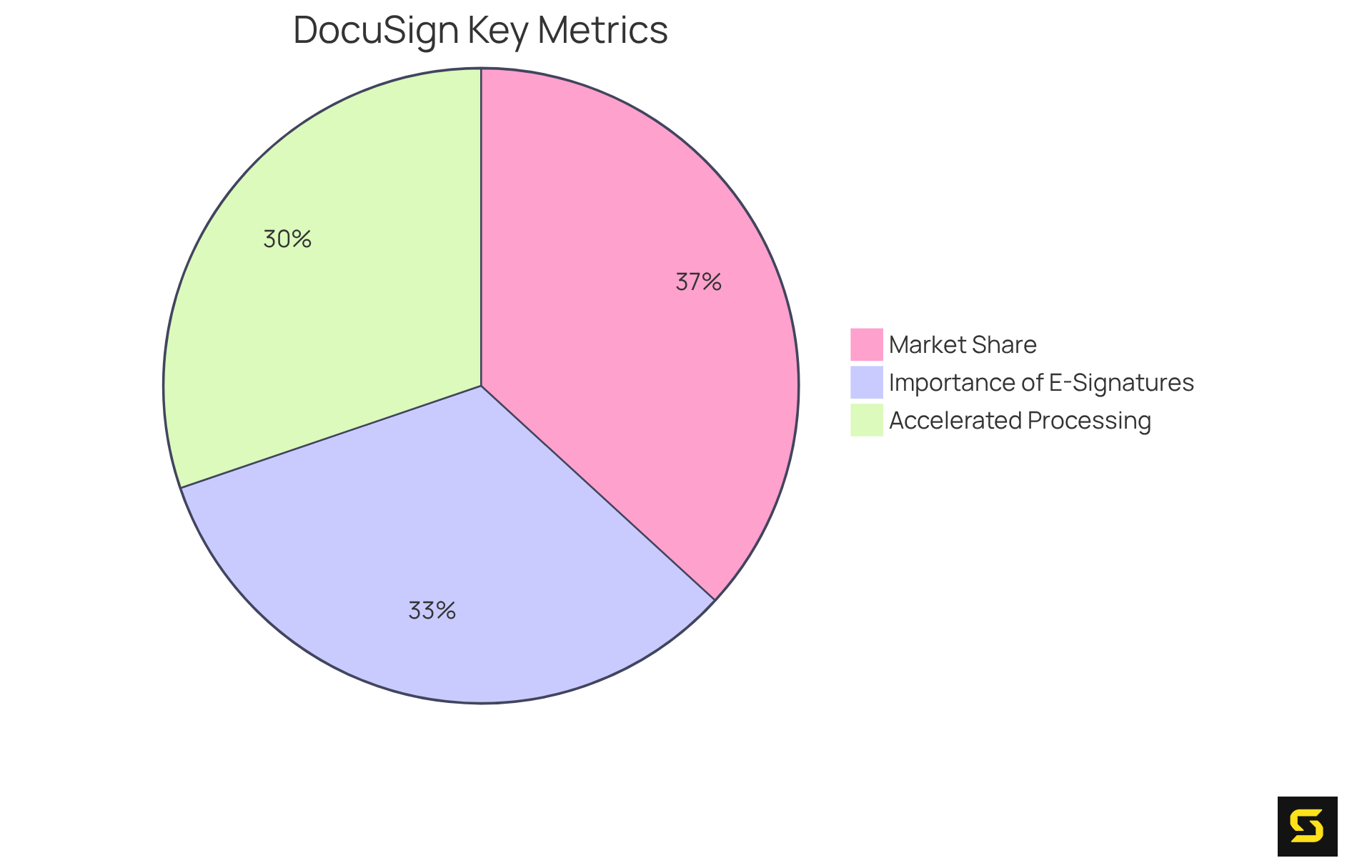 Each slice indicates the percentage of professionals recognizing key benefits of DocuSign compared to its market share. The larger the slice, the more significant the recognition or market position.