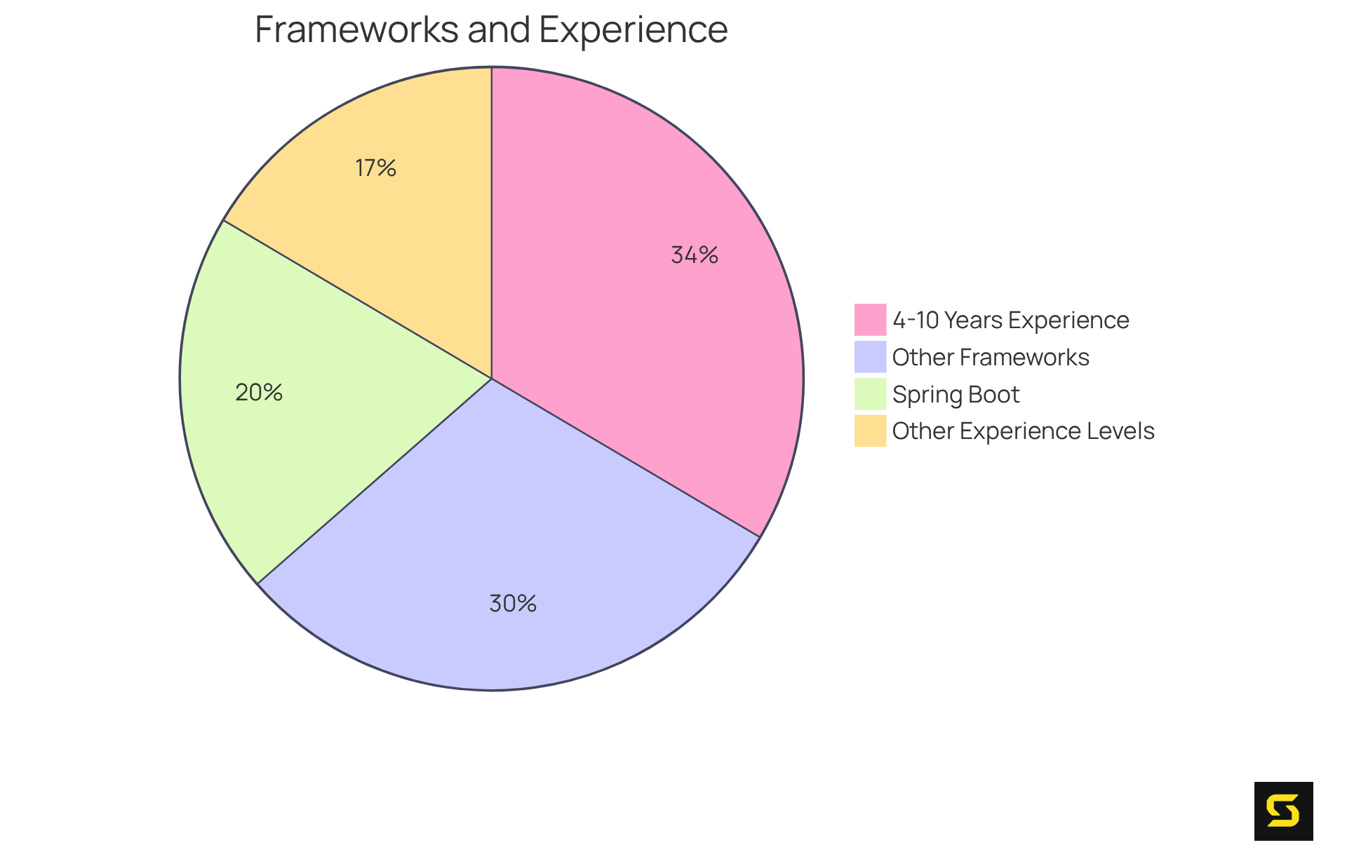 This pie chart shows how much of the market is held by different programming frameworks and the levels of experience in the dedicated development team. The larger the slice, the bigger the share or experience level represented.