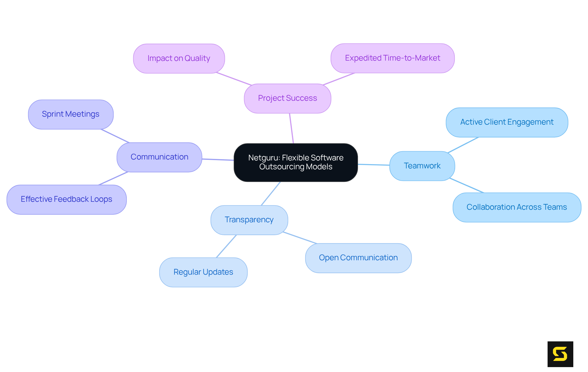 The central idea shows how Netguru supports SaaS companies. Each branch represents important themes that contribute to successful software development, illustrating how they relate to the overall strategy.