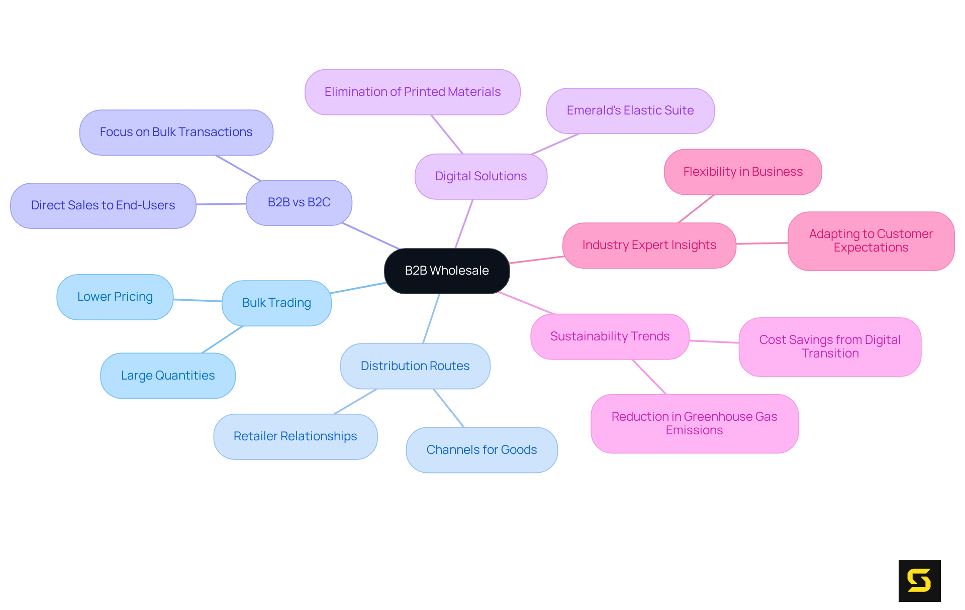 At the center is the main idea of B2B wholesale, with branches showing different important aspects. Each branch dives deeper into specific topics, helping you understand how they all connect.