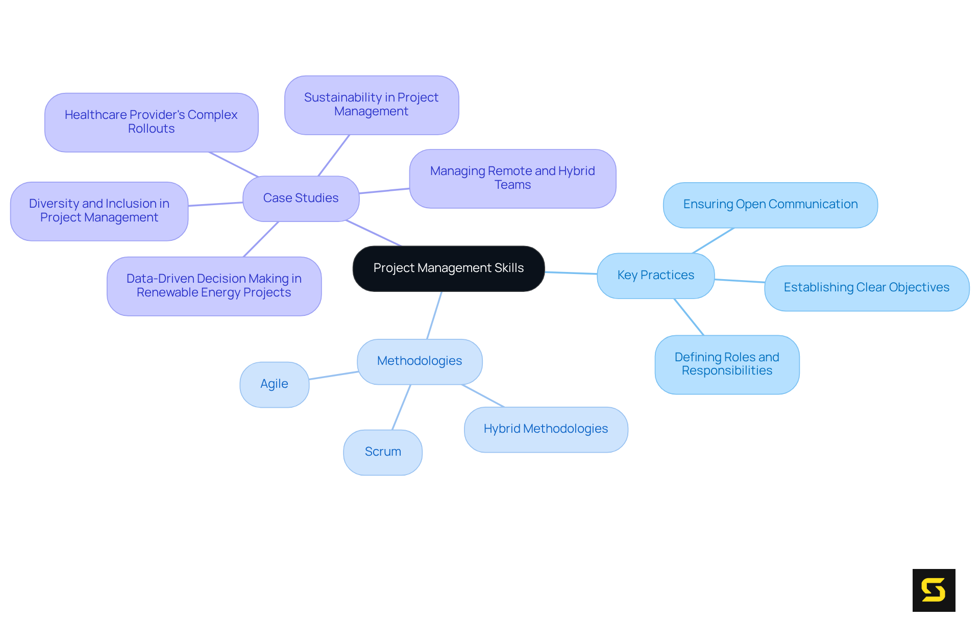 The central node represents the main topic of project management skills. Each branch indicates a category of skills or methodologies, and the sub-branches provide specific examples or practices related to those categories.