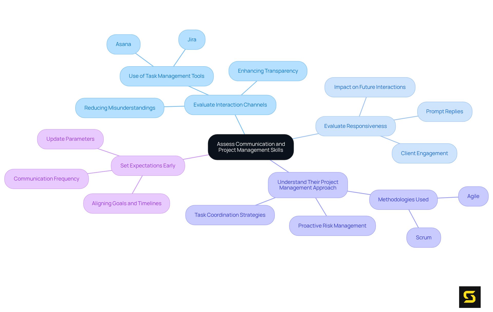 The central node represents the overall goal of assessing skills, with branches showing the different criteria to evaluate. Each sub-branch contains specific points that elaborate on the main categories, helping you understand what to look for in a development partnership.