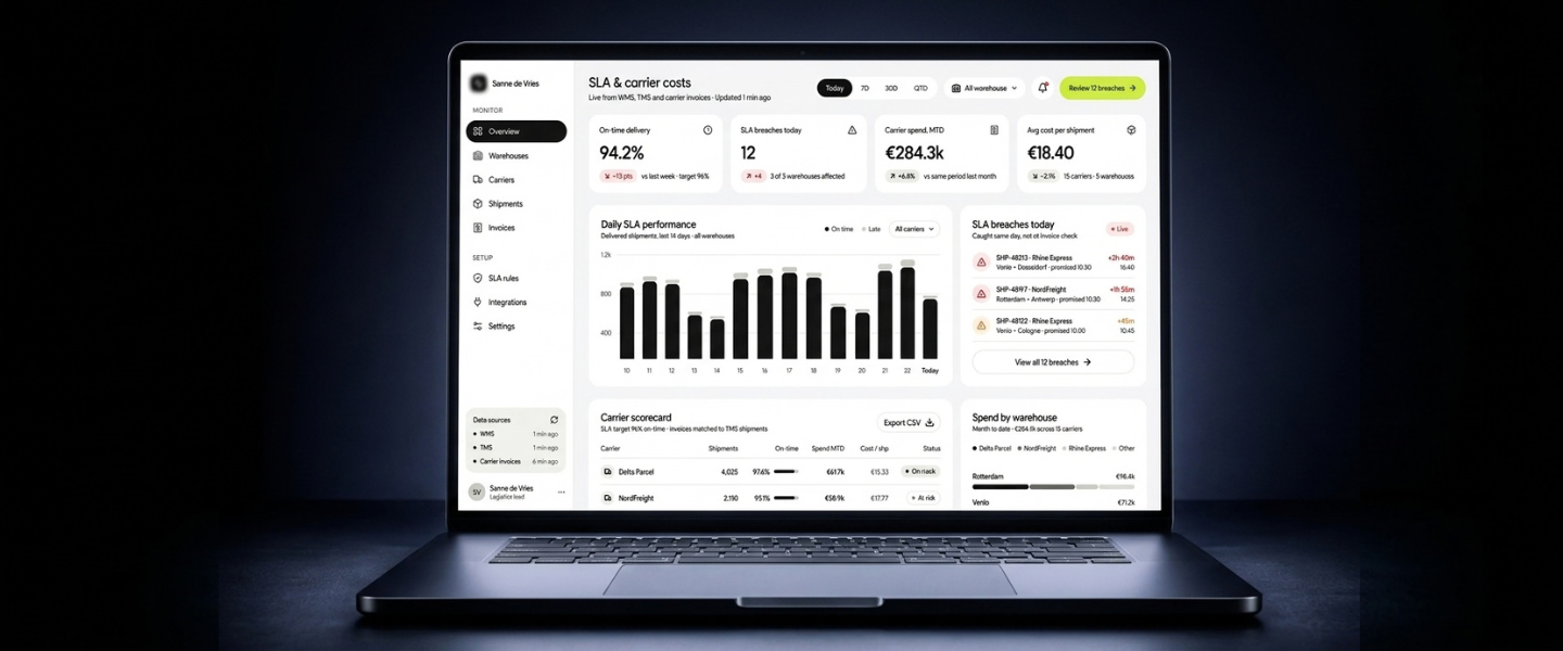 Real-Time Delivery SLA & Carrier Cost Management for Freight & Warehousing Operator Real-time delivery SLA and carrier cost dashboard for a freight and warehousing operator, warehouse and carrier metrics